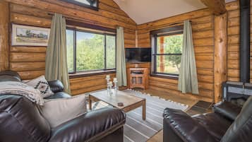 Een televisie, een open haard en een kantoor