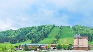A lodge with a parking lot and a building with a green roof. - #1 Cabin~Walk to WISP! Lake access & dock! HOT Tub~Game room~Fire Pit & DOGS OK! (McHenry)