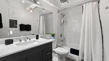 Combined shower/bathtub, hair dryer, towels, soap