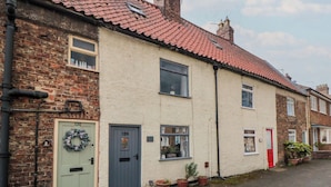 A row of terraced houses with distinct brick and plaster facades, numbered doors, and small windows. - Wren's Nest (Thirsk)