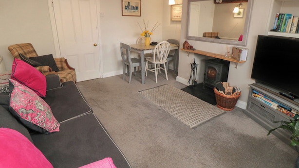 A living room with a sofa, a dining table with chairs, a fireplace, a television, and a bookshelf. - Wren's Nest (Thirsk)