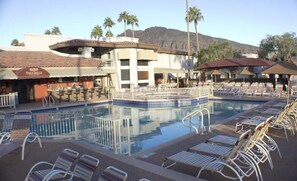 Relax by the pool surrounded by palm trees and lounge chairs.