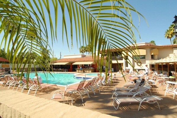 A poolside area with lounge chairs and palm trees.