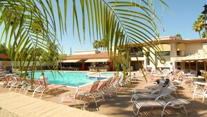 Un espace aménagé au bord de la piscine, avec des chaises longues et des palmiers.