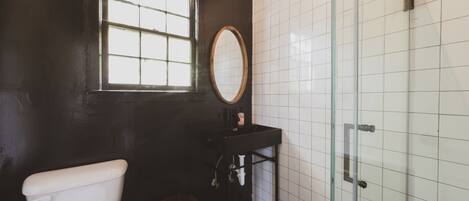 A bathroom with a toilet, a sink, a mirror, and a shower.