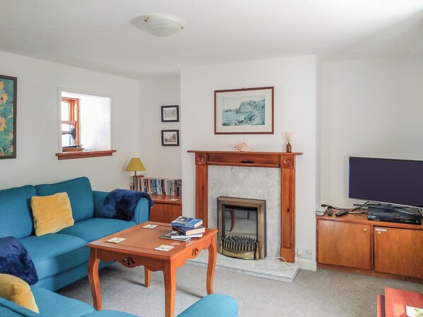 Ein Wohnzimmer mit einer Couch, einem Couchtisch, einem Kamin, einem Fernseher und einem Bücherregal.
