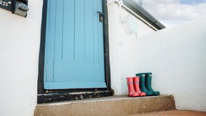 A blue door with a small step leading to a white wall. - Seascape Cottage - UK6725 (Lydstep, near Tenby)