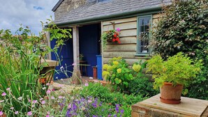 Une maison de campagne en bois, avec une porte et des fenêtres bleues, entourée d’un jardin où poussent différentes plantes et fleurs.