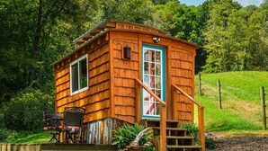 A small wooden cabin with a porch and a single window, surrounded by lush greenery.