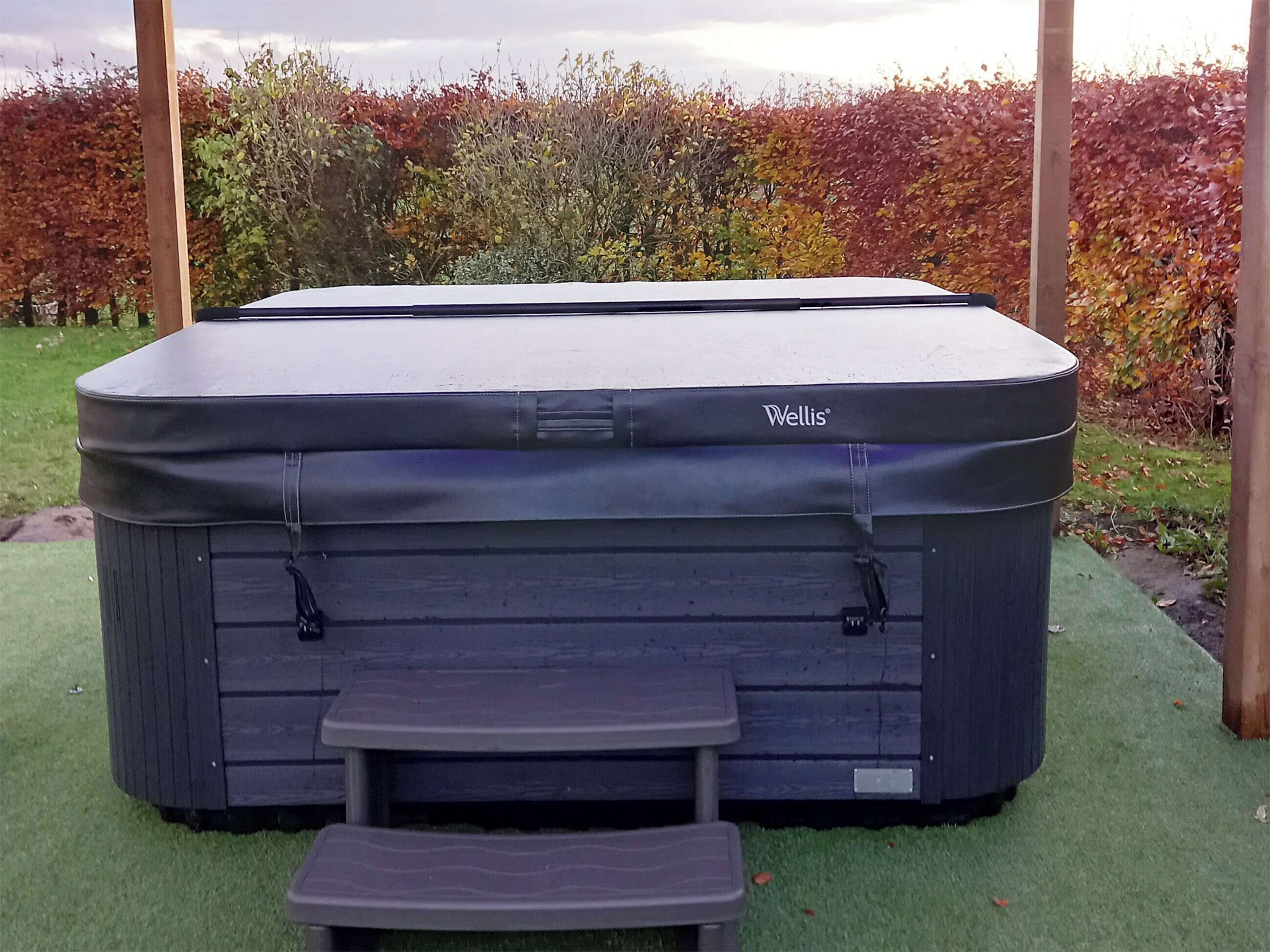 Un bain à remous doté d’un petit podium d’accès, entouré d’une terrasse en bois et d’une haie aux feuilles d’automne.