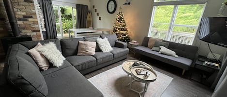 Smart TV, fireplace, DVD player