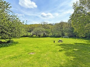 A grassy field with trees, a picnic table, and a soccer goal. - The Cottage - UK35177 (Buckland Brewer, near Bideford)