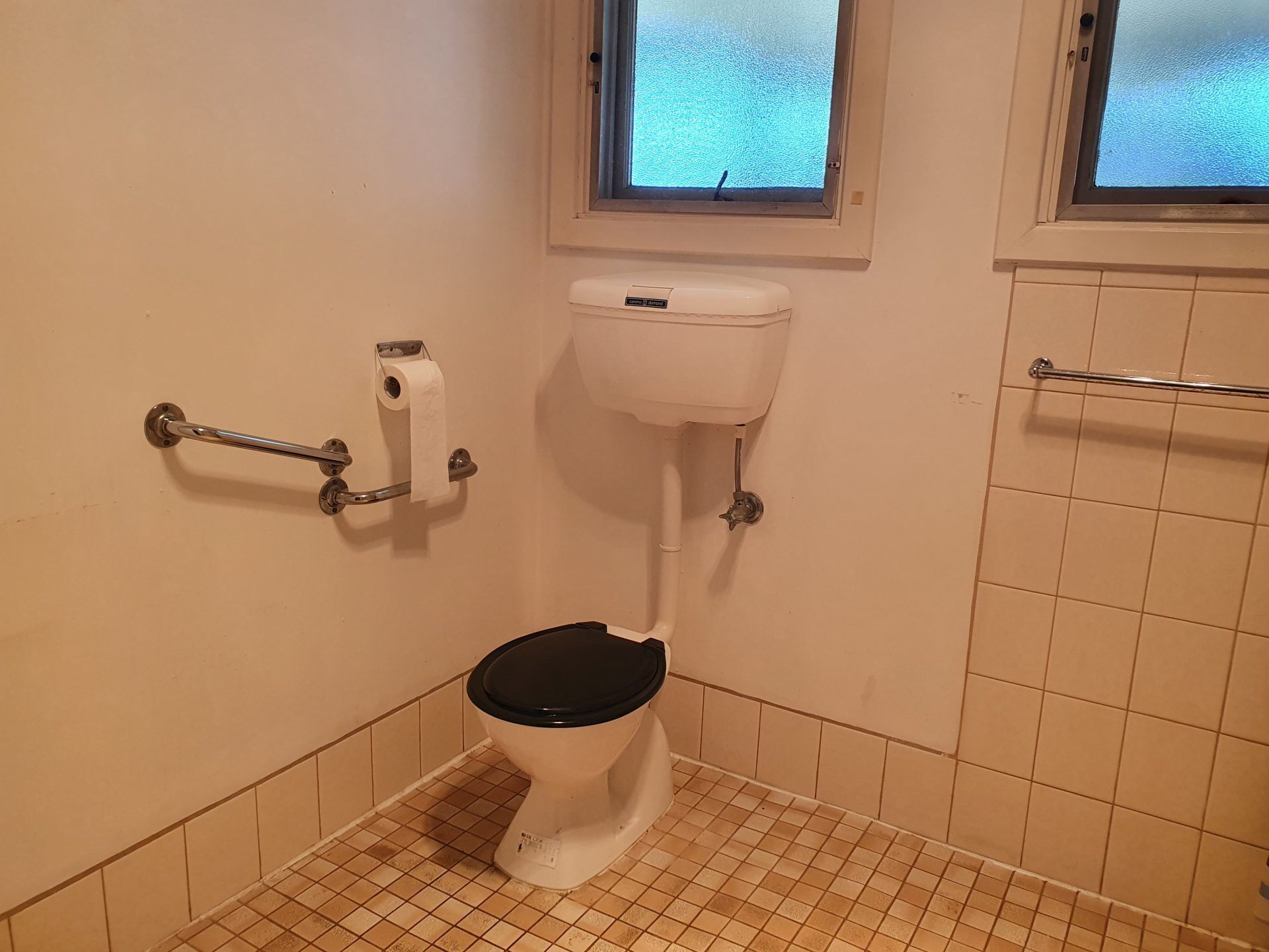 A small bathroom with a toilet, a handrail, a window, and a tiled floor.