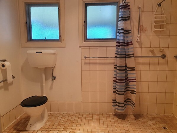 Un baño con dos ventanas, un inodoro, una ducha con cortina a rayas y un perchero para toallas.
