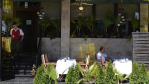 Un área de comedor al aire libre con mesas y sillas, plantas en macetas y una persona de pie cerca de la entrada.