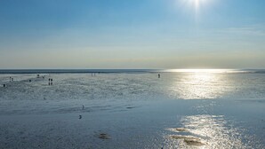 Une plage où l’on voit des gens se promener et se tenir debout, un ciel dégagé et le soleil qui se reflète sur l’eau.