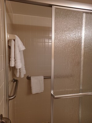 Enjoy a refreshing shower in this well-appointed space with a glass door, handrail, and towel rack.
