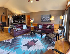 Smart TV, fireplace, video games, DVD player