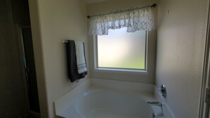 Combined shower/tub, hair dryer, towels, soap
