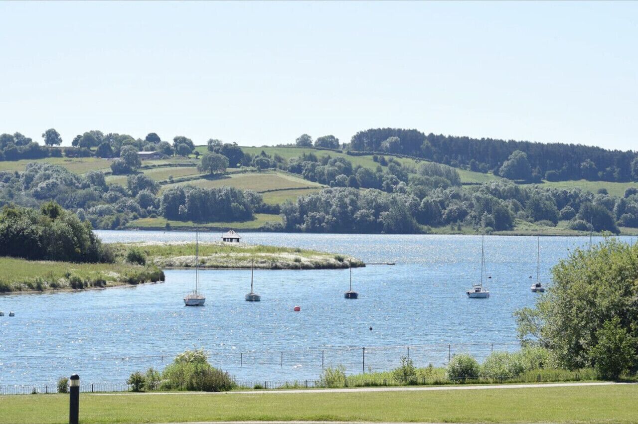 A calm lake with several sailboats, surrounded by green hills and trees.