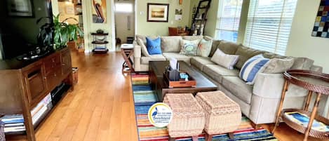 Smart TV, fireplace, books, music library