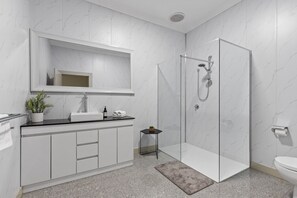 Shower, hair dryer, towels, soap