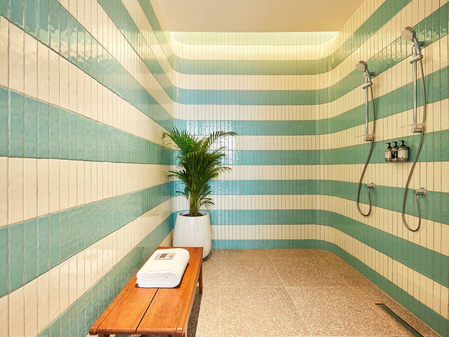 A small, tiled room with a bench and a potted plant.