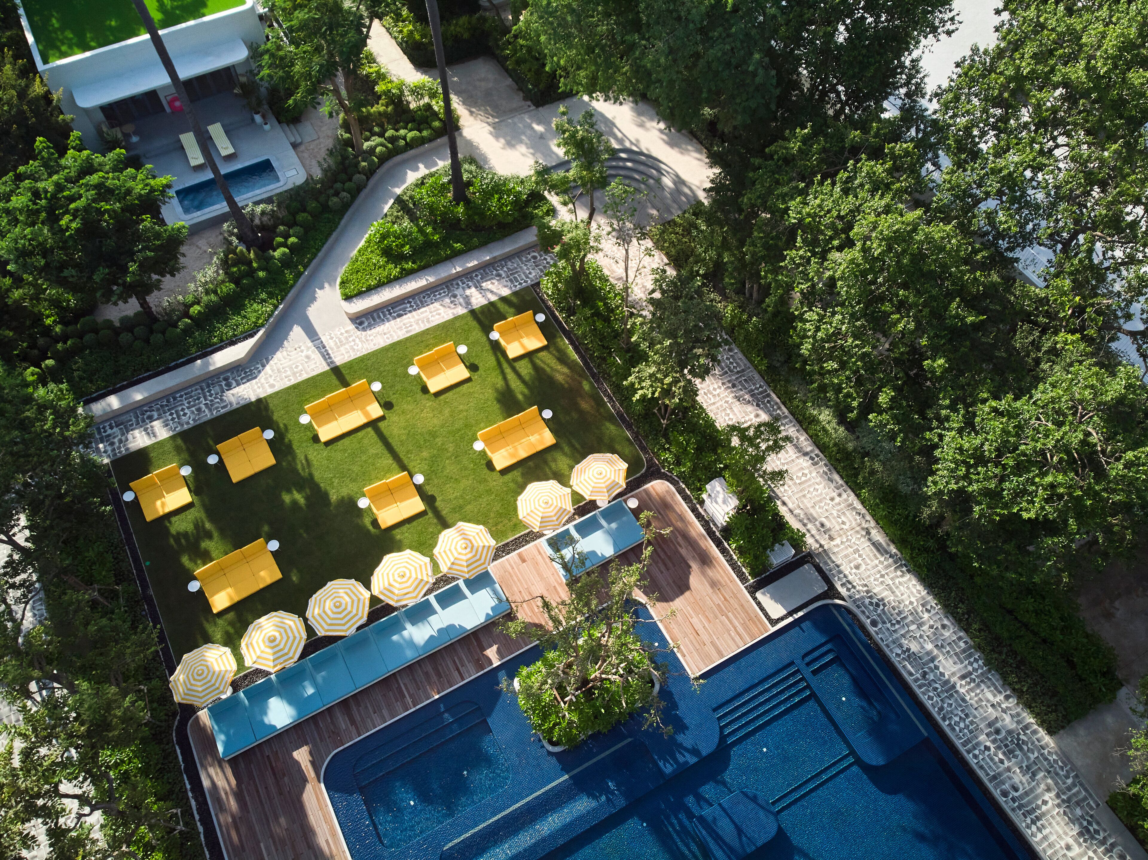 An aerial view of a rooftop pool area with multiple sun loungers and umbrellas, surrounded by lush greenery and a swimming pool.