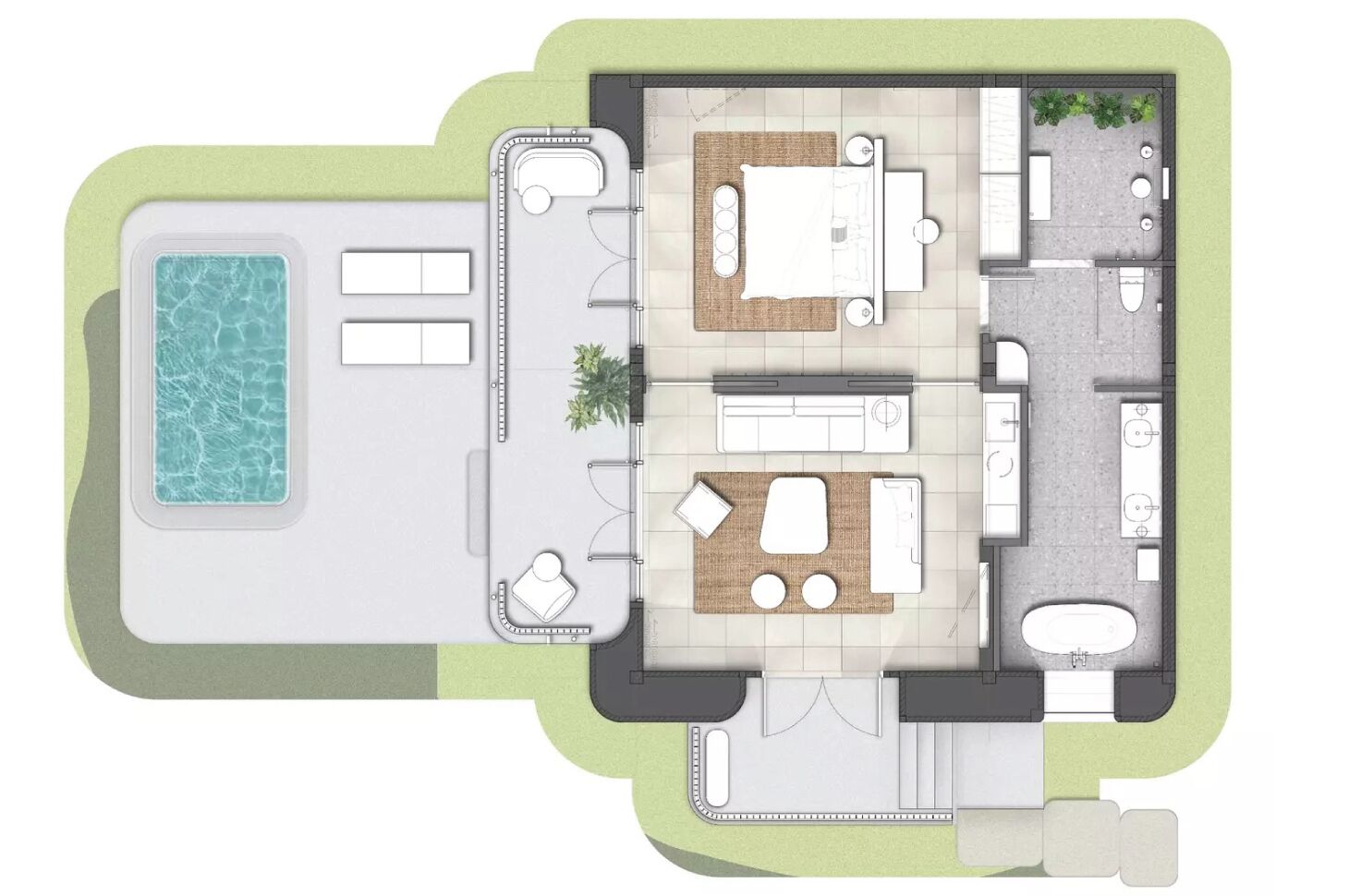A floor plan of a hotel with a swimming pool, two bedrooms, a bathroom, and a kitchen area.