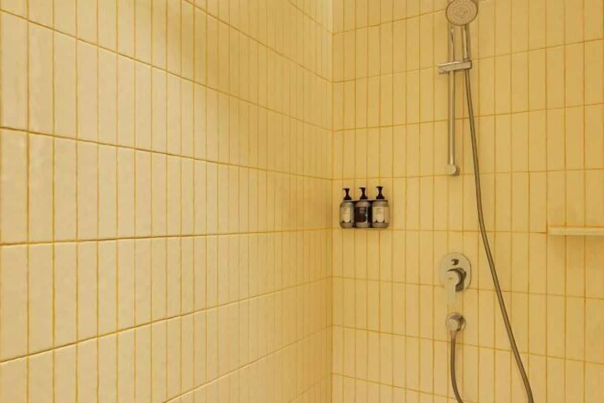 Shower, rainfall showerhead, designer toiletries, hair dryer