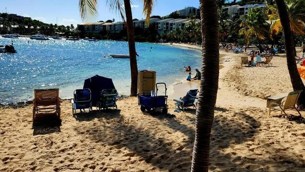 Una playa con palmeras, agua azul cristalina y sillas de playa.