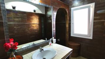 A bathroom with a white sink, a mirror, a potted plant, and a window.