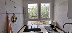 Fridge, microwave, stovetop, coffee/tea maker