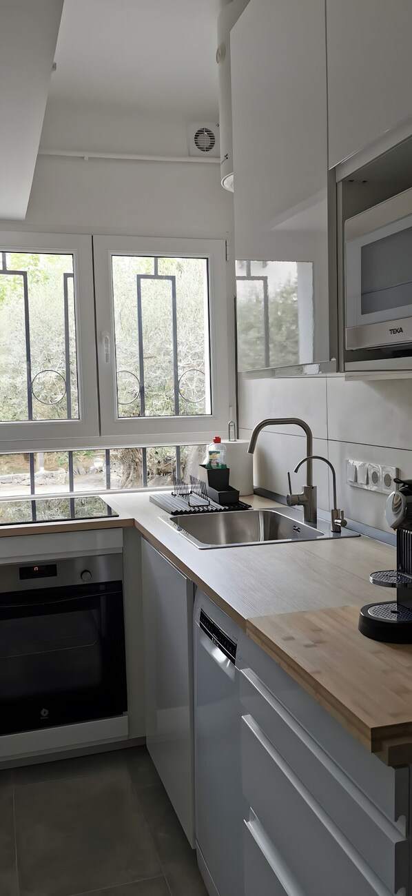 Fridge, microwave, stovetop, coffee/tea maker