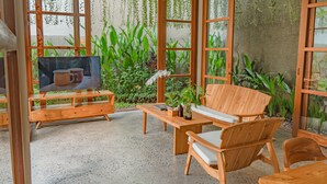 Ein Garten mit Sitzgelegenheiten aus Holz, einem Fernseher, Holzmöbeln und Pflanzen.