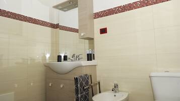 Regadera, secadora de cabello, bidet, toallas