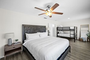 4 bedrooms, desk, iron/ironing board, travel cot