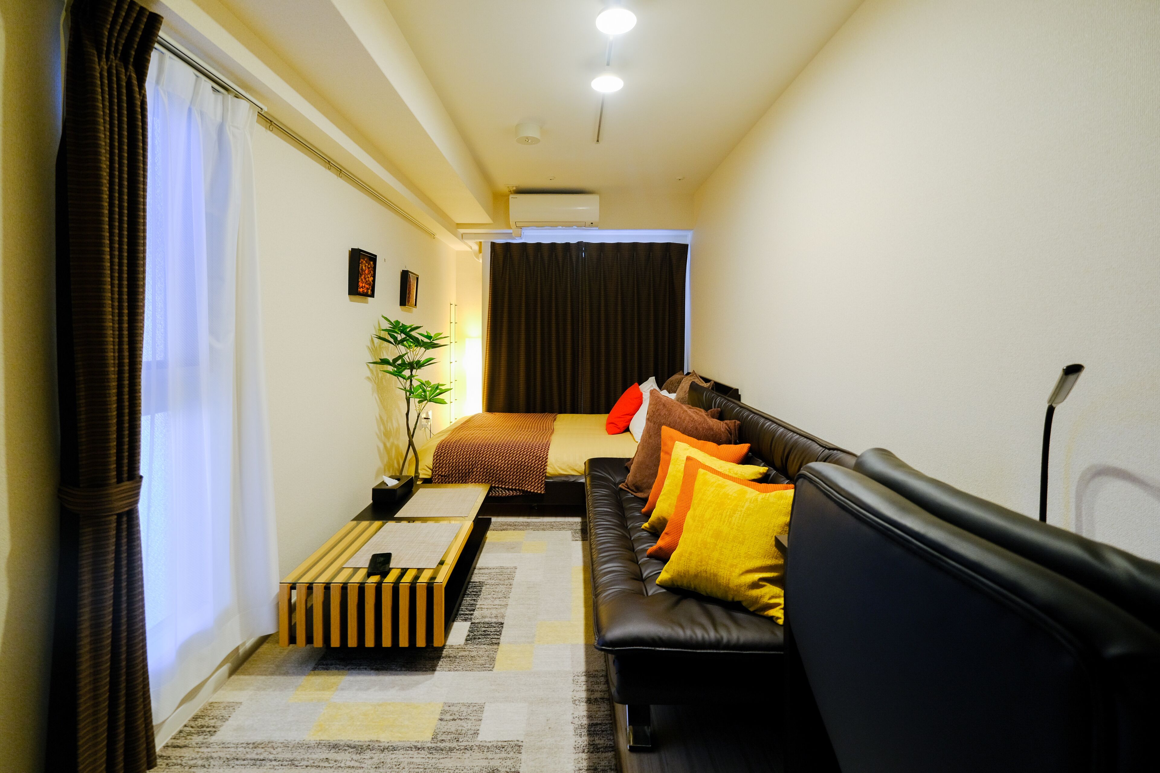 A compact living space with a sofa, a bed, a small table, and a potted plant.