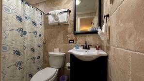 Bathtub, hair dryer, towels, toilet paper