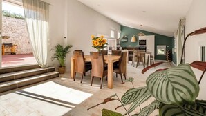 Un amplio salón con una mesa de comedor, sillas y una planta grande en maceta.