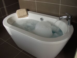 Ducha, secador de pelo, toallas y jabón