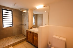 Features a large mirror, sink, and glass-enclosed shower area.
