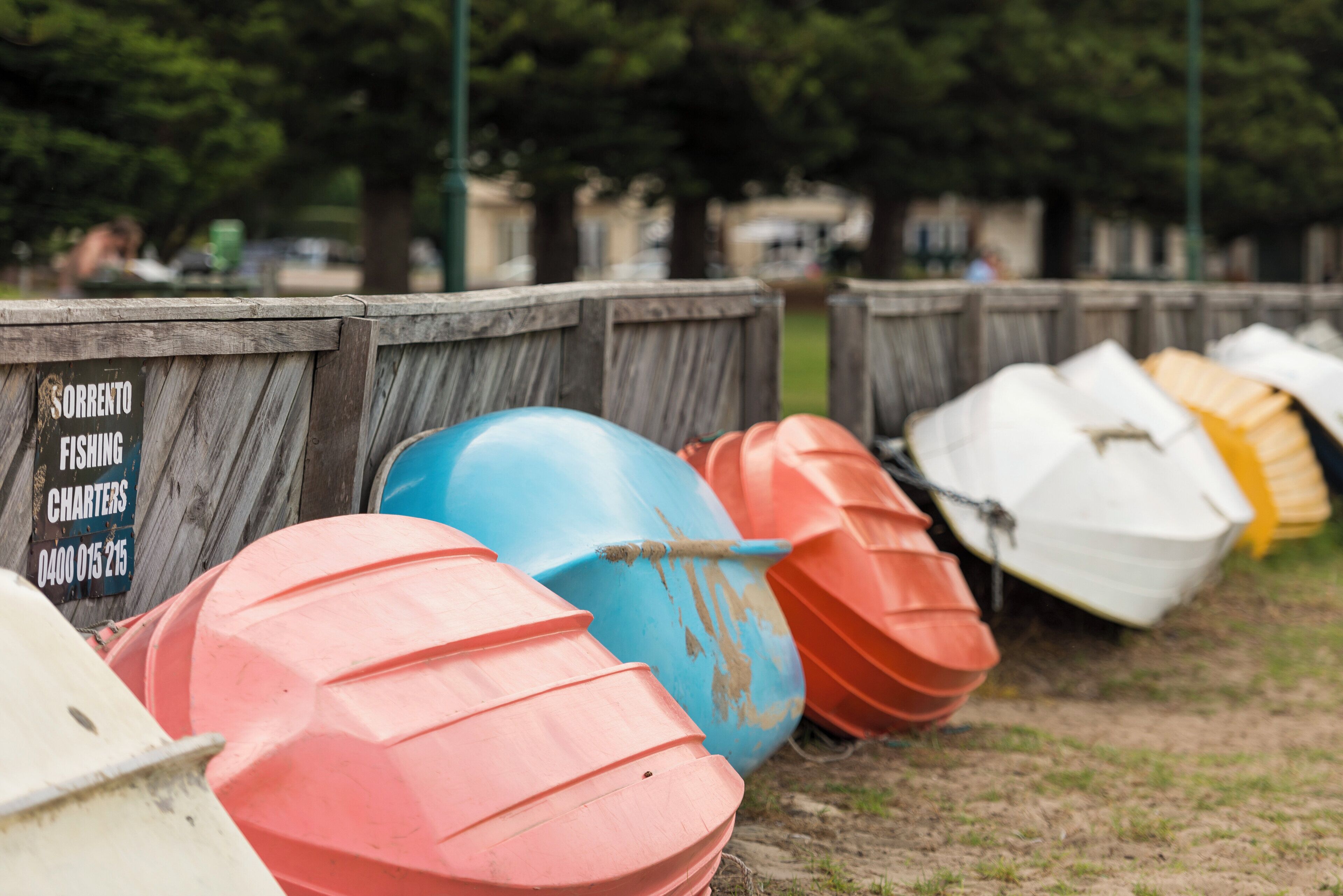 A row of boats lined up against a wooden fence with a sign indicating fishing charters.