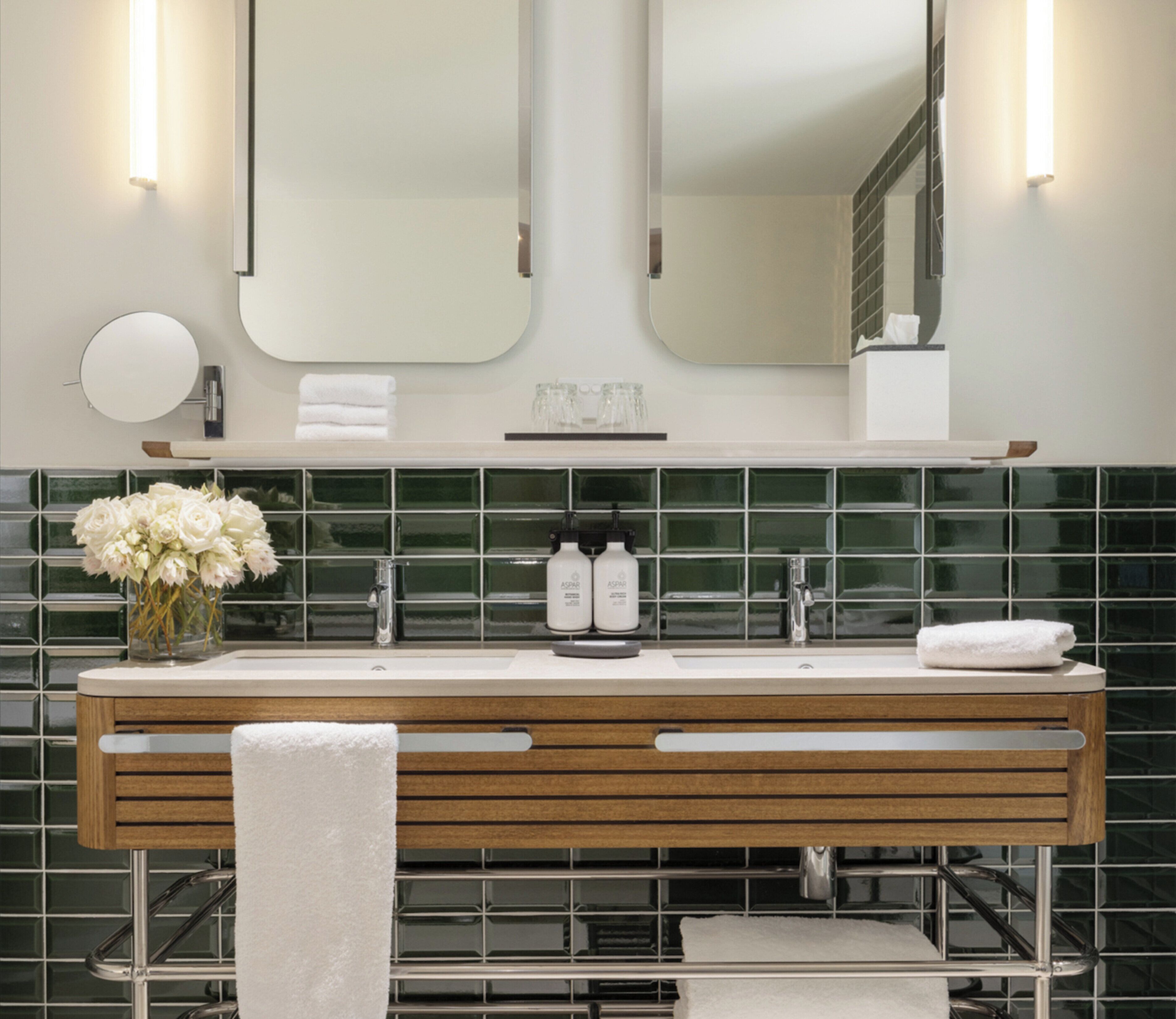 Designer toiletries, hair dryer, bathrobes, slippers