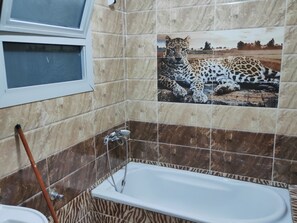 Combined shower/bathtub, soap, toilet paper