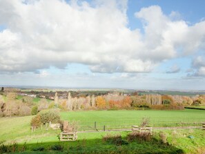 A rural landscape with a green field, a wooden fence, and a distant view of houses and hills.