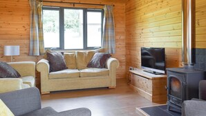 Un intérieur de chalet chaleureux, avec un revêtement en bois, un ensemble de canapés, un téléviseur et un poêle à bois.