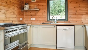 Une cuisine compacte aux murs en bois, équipée d’une cuisinière à gaz, d’un lave-vaisselle et d’une fenêtre donnant sur un paysage verdoyant.