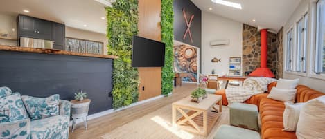 Smart TV, chimenea, Netflix y libros