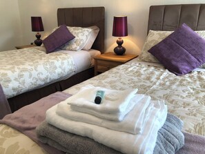 Habitación de hotel con dos camas, cada una con cabecera, una mesita de noche con lámpara y una pila de toallas.